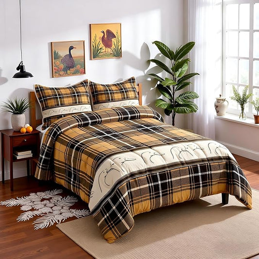 Manfei Ducks Silhouettes Kids Comforter Set Full Size,Cartoon Animals Cute Bedding Set,Girls Boys Adults Bedroom Decor,Geometric Plaids Splicing Down Comforter,Brown Rustic Duvet Insert,2 Pillowcases