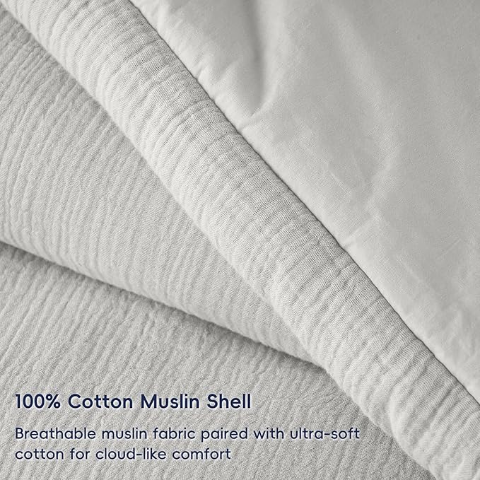 PHF Cotton Muslin Comforter Set King Size, Ultra Soft, Breathable & Lightweight All-Season Bedding, Filling: 100% Polyester, 3 Pieces with 1 Comforter 104"x90" and 2 Pillow Shams 20"x36", Light Grey
