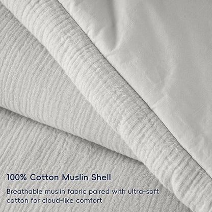 PHF Cotton Muslin Comforter Set King Size, Ultra Soft, Breathable & Lightweight All-Season Bedding, Filling: 100% Polyester, 3 Pieces with 1 Comforter 104"x90" and 2 Pillow Shams 20"x36", Light Grey