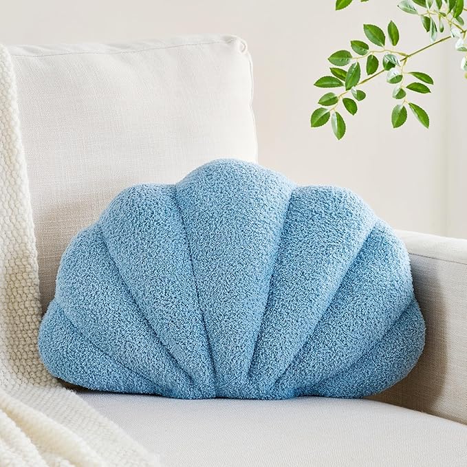 Shell Pillow Seashell Decorative Pillow Blue Beachy Coastal Shell Shaped Throw Pillows 18x13 Inch Soft Ocean Beach Sea Shell Plush Pillows Cushion for Bed Couch Living Sofa Room Decor