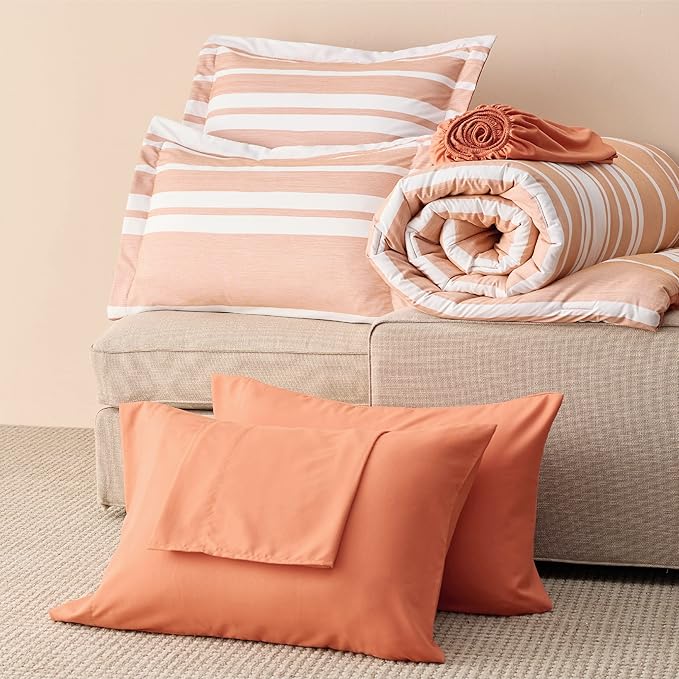 Bedsure Twin Comforter Set 5 Pieces, Burnt Orange Striped Bedding Set for All Seasons, Reversible, Cationic Dyeing Bed in a Bag with Comforter, Sheets, Pillowcase & Sham