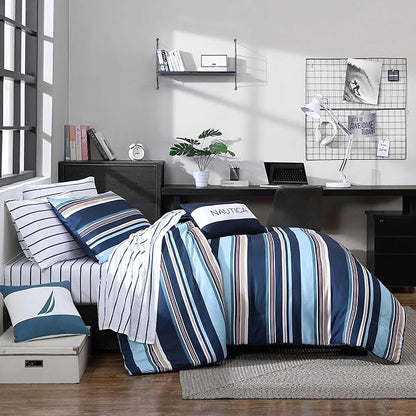 Nautica - Queen Comforter Set, Soft Woven Bedding with a Lightweight for Year Round Comfort, 5 Piece Bed Set with Matching Pillowcases & Bonus Throw Pillows (Colton Blue)