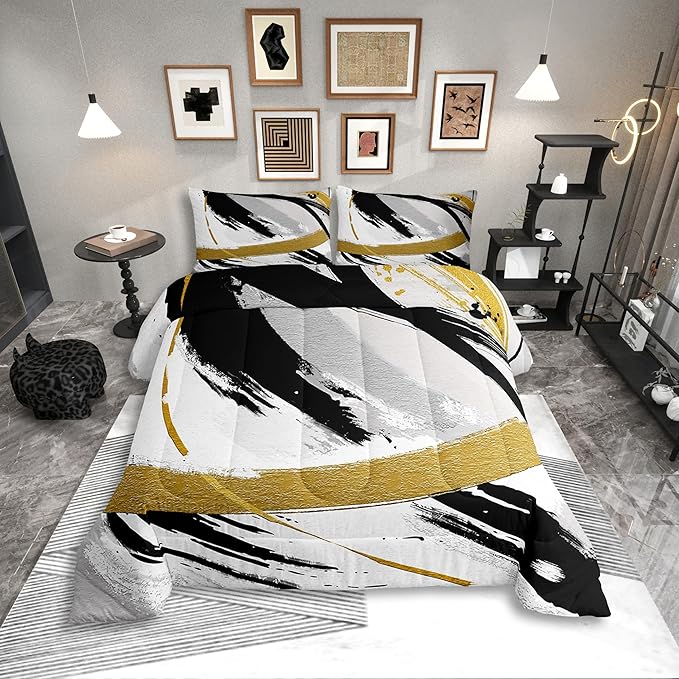 Black Grey Gold Bedding Set Twin Brush Strokes Oil Painting Comforter Set, Gradient Abstract Vintage Duvet Insert Ombre Graffiti Quilt Comforter, Contemporary Modern Bedding Comforters & Sets