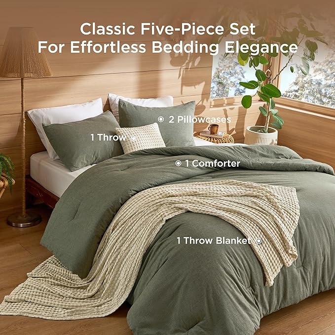 Bedsure 5 PCS Cotton Comforter Set with Cotton Waffle Throw Blanket - Olive Green Comforter Full Size, Pillow Shams, Beige Cooling Blanket of Rayon Derived from Bamboo for Hot Sleepers, Throw Pillow