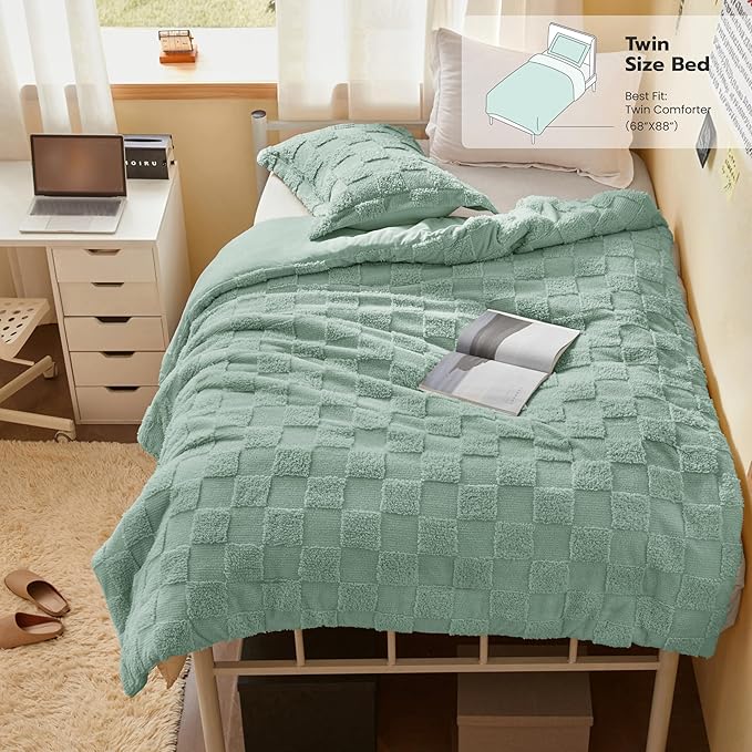 Joiedomi Tufted Twin Comforter Set, 2 Pieces Sage Green Boho Twin Bedding Set with 1 Plaid Geometric Comforter and 1 Pillow Sham, Checkered Bed in a Bag for All Seasons