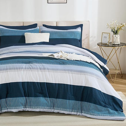 Andency King Comforter Set Navy - 7 Pieces Striped Bed in a Bag, Soft Microfiber All Season Patchwork Bedding Set with Comforter, Fitted & Flat Sheet, Pillowcases & Shams