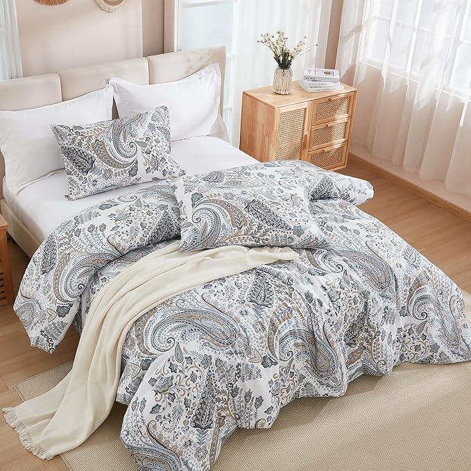 Grey Blue Paisley Comforter Set King Size 3 Pieces 100% Cotton Boho Paisley Pattern Bedding Set All Season Soft Cotton Lightweight Reversible Comforter