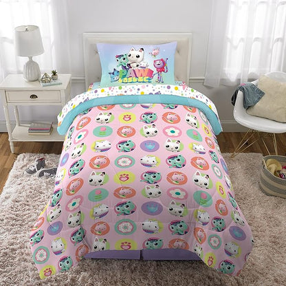DreamWorks Gabby's Dollhouse Cakey, MerCat And Pandy Kids Bedding Super Soft Comforter And Sheet Set, 4 Piece Twin Size, By Franco
