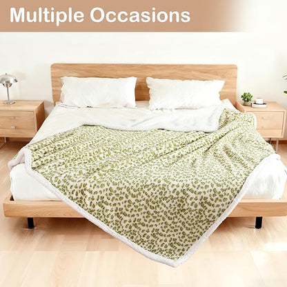 Electric Heated Blanket Throw Size 50"×60" with 9 Heating Levels & 1-10 Hs auto Off, Heating Throw Double Sided Sherpa, Energy Efficient, Machine Washable, Leopard Print Green & White