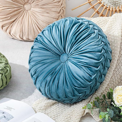 1 Pcs Round Throw Pillows Decorative Velvet Pleated Throw Pillows 15'' Diameter Accent Pumpkin Boho Chair Cushion for Couch Sofa Chair Bed Home Decoration (Dusty Blue)