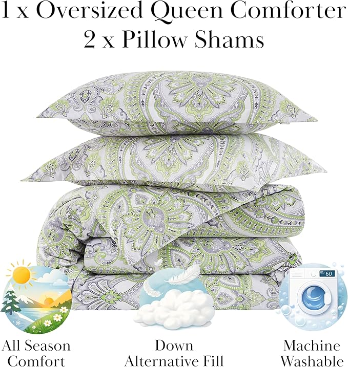 Southshore Fine Living, Inc. Oversized Full/Queen Size Comforter Bedding Set, Boho Bedding, Paisley Print Bedspread, Full Size/Queen Bed Comforter Set with 2 Matching Shams, Pure Melody Green
