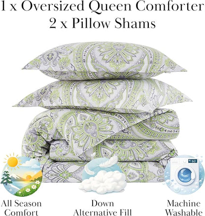 Southshore Fine Living, Inc. Oversized Full/Queen Size Comforter Bedding Set, Boho Bedding, Paisley Print Bedspread, Full Size/Queen Bed Comforter Set with 2 Matching Shams, Pure Melody Green