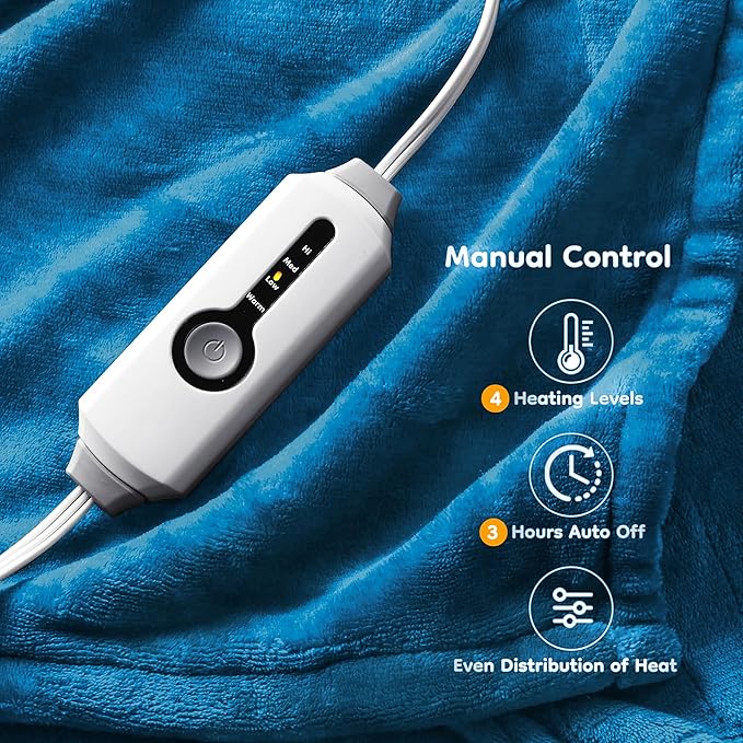 Electric Heated Blanket Throw Size 50"×60", Breathable & Luxurious Flannel, Soft Warm Gift with Over-Heat Protection, 4 Heating Levels & 3 H Auto Shut Off, Machine Washable, Lake Blue