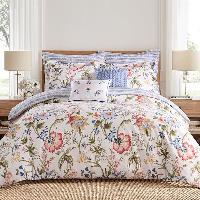 Levtex Home - Maileen Comforter Set - Full/Queen Comforter (90x94in.) and 2 Standard Shams (20x26in.) - Floral - Blue Coral Green White - Reversible - Cotton