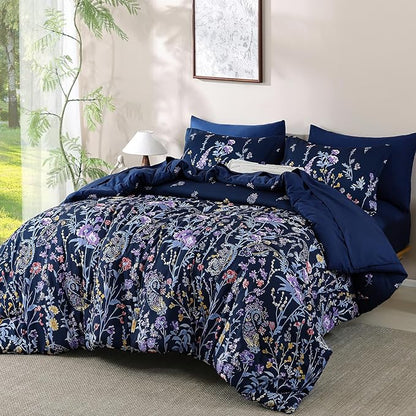 Yiran Navy Floral Comforter Set Queen Size, 7 Piece Blue Botanical Flowers Comforter Bedding Set, Bed in a Bag Queen, Soft Microfiber Complete Bedding Set with Sheets for All Season