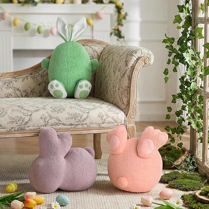 Lanpn Easter Shaped Throw Pillows Set of 3, Pink Egg with Feet Purple Bunny Soft Velvet Green Egg with Hands and Feet Rabbit Cushions for Sofa Couch Bedroom Spring Decor