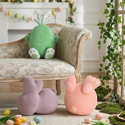 Lanpn Easter Shaped Throw Pillows Set of 3, Pink Egg with Feet Purple Bunny Soft Velvet Green Egg with Hands and Feet Rabbit Cushions for Sofa Couch Bedroom Spring Decor