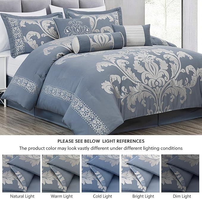 Chezmoi Collection Royale 7-Piece Jacquard Floral Comforter Set, Oversized Queen, Grayish Blue/Gray