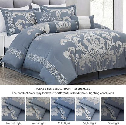 Chezmoi Collection Royale 7-Piece Jacquard Floral Comforter Set, Oversized Queen, Grayish Blue/Gray