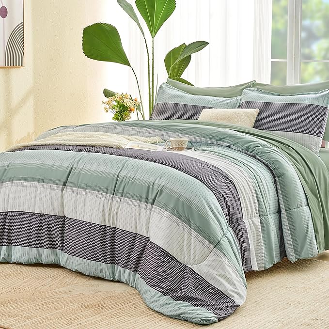 Andency Comforter Set Sage Green Oversized King(120"x98")- 7 Pieces Striped Lightweight Bed in a Bag, Soft Reversible Bedding Set with Comforter, Fitted & Flat Sheet, Pillowcases & Shams