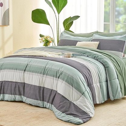 Andency Comforter Set Sage Green Oversized King(120"x98")- 7 Pieces Striped Lightweight Bed in a Bag, Soft Reversible Bedding Set with Comforter, Fitted & Flat Sheet, Pillowcases & Shams