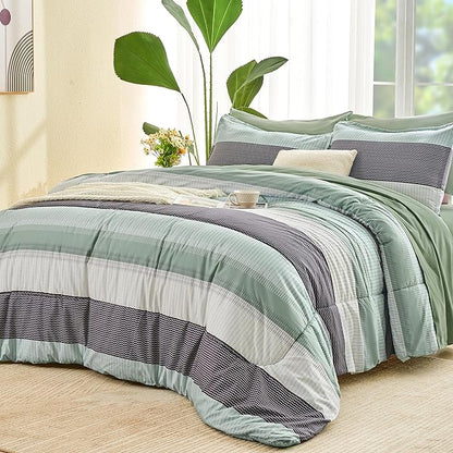 Andency Comforter Set Sage Green Oversized King(120"x120")- 7 Pieces Striped Lightweight Bed in a Bag, Soft Reversible Bedding Set with Comforter, Fitted & Flat Sheet, Pillowcases & Shams