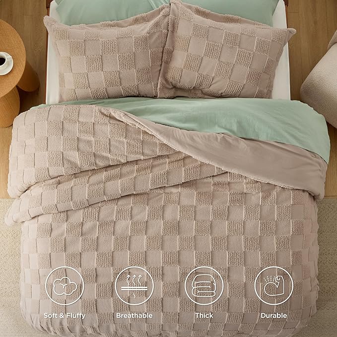 Bedsure Twin/Twin XL Size Comforter Set Khaki, Boho Tufted Bed Set, Checkered Farmhouse Shabby Chic Bedding, 2 Pieces, 1 Plaid Geometric Comforter and 1 Pillow Sham