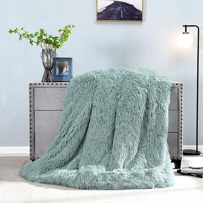 JONIYEAR Extra Large Decorative Fluffy Faux Fur Blanket Queen Size 80" x 90", Soft Luxury Lightweight Furry Blankets, Solid Cozy Shaggy Plush Thick Warm Fuzzy Blankets for Winter Bed Couch, Aqua