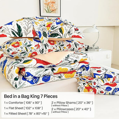 Floral King Comforter Set with Sheets, 7 Piece Luxury Vintage Bedding, Soft Microfiber Bed in a Bag, Cozy Lightweight Bed Set, Blue Orange Flower