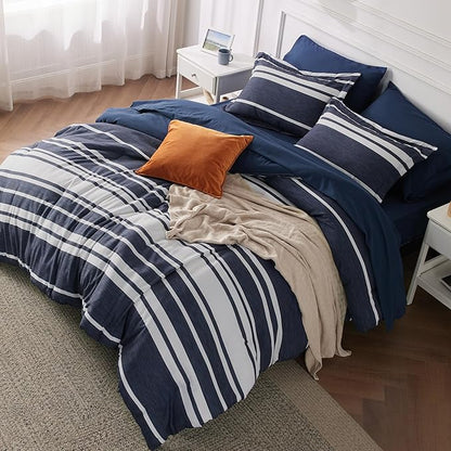 Bedsure Twin XL Comforter Set 5 Pieces, Blue Striped Bedding Set for All Seasons, Reversible, Cationic Dyeing Bed in a Bag with Comforter, Sheets, Pillowcase & Sham