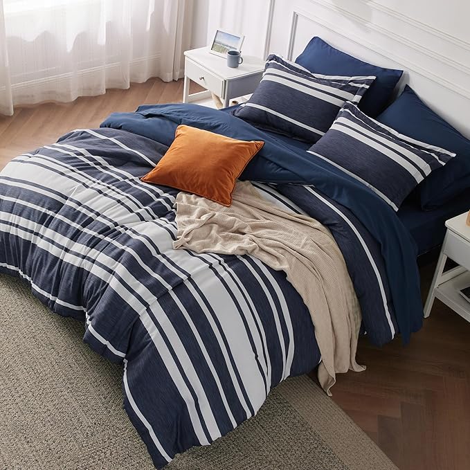 Bedsure Queen Comforter Set 7 Pieces, Blue Striped Bedding Set for All Seasons, Reversible, Cationic Dyeing Bed in a Bag with Comforter, Sheets, Pillowcases & Shams