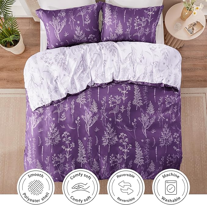 Love's cabin Dark Purple Comforter Set King - King Size Comforter Set, 3 Pieces Cute Floral Bedding Sets for All Seasons,1 Soft Reversible Botanical Flowers Comforter and 2 Pillow Shams