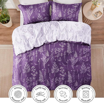 Love's cabin Dark Purple Comforter Set King - King Size Comforter Set, 3 Pieces Cute Floral Bedding Sets for All Seasons,1 Soft Reversible Botanical Flowers Comforter and 2 Pillow Shams