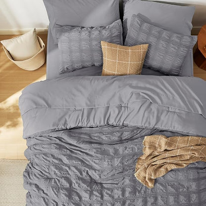 Bedsure Bed in a Bag Queen - 7 Pieces Plaid Seersucker Bedding Comforter Sets, Soft Lightweight Grey Boho Bed Set with Comforters Queen Size, Sheets, Pillowcases & Shams