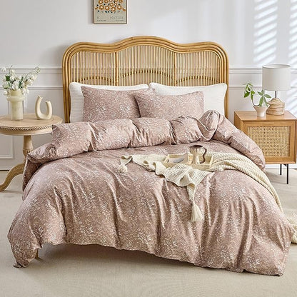 AMWAN Queen Size Comforter Set Khaki Light Brown, 3 Pieces Queen Bedding Sets, Vintage Botanical Bedding Set, 1 Comforter with 2 Pillowcases, Aesthetic Floral Comforter Set Soft for All Seasons