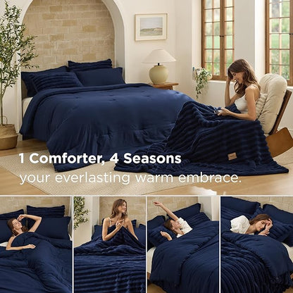 Bedsure Gentlesoft™ 2-in-1 Twin Comforter Set and Detachable Fluffy Blanket, Navy Blue Bedding Set for All Season Use, SnapTech Design for Space Saving (Includes 1 Pillow Sham, 1 Pillowcase)