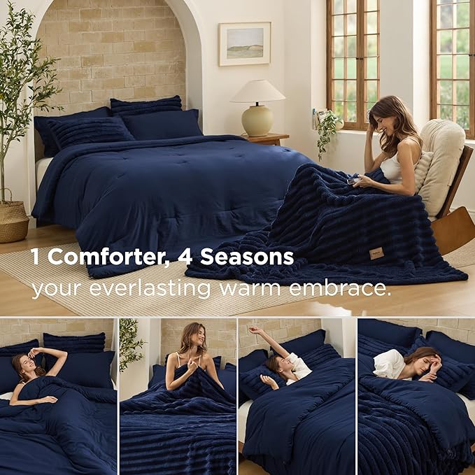 Bedsure Gentlesoft™ 2-in-1 Queen Comforter Set and Detachable Fluffy Blanket, Navy Blue Bedding Set for All Season Use, SnapTech Design for Space Saving (Includes 2 Pillow Shams, 2 Pillowcases)