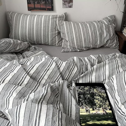 mixinni Vintage Grey & White Striped Comforter Set Twin XL Size - Soft Washed Cotton 3-Piece Neutral Bedding Set, Retro Geometric Pattern, All-Season Breathable & Fluffy for Men, Boys
