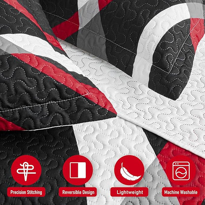 weesire Black and Red Bedding Quilt Queen Size with 2 Shams, Modern Stripe Comforter Sets Classic Line Pattern Bedspreads Grey and Red Coverlet, 90''x96''