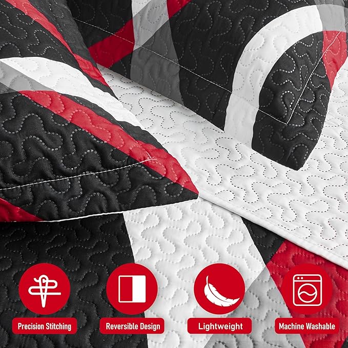 weesire Black and Red Bedding Quilt King Size with 2 Shams, Modern Stripe Comforter Sets Classic Line Pattern Bedspreads Grey and Red Coverlet, 96''x106''