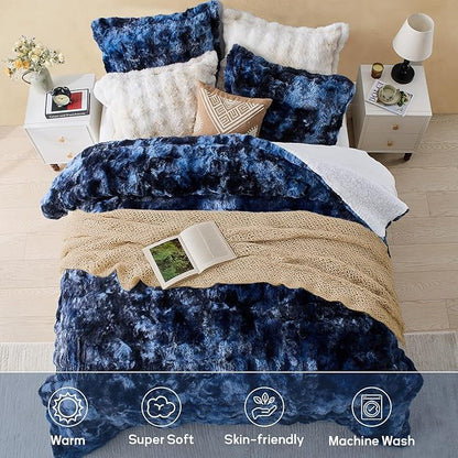 DAICO 3 Pieces Fluffy Faux Rabbit Fur Comforter Set King Size Tie Dyed Navy Plush Fuzzy Bubble Comforter Bedding Set Warm Cozy Bedding Comforter Sets for Winter, 1 Comforter and 2 Pillowcases