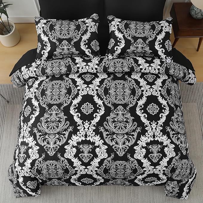 WONGS BEDDING 7 Pieces Comforter Set Queen Size, Black White Texture Bedding Set for All Season, Damask Soft and Breathable Bed in a Bag with Comforter, Flat Sheet, Fitted Sheet, Pillowcases & Shams