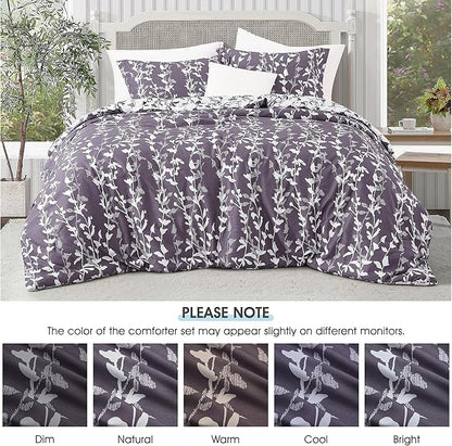 Grayish Purple Comforter Set, Queen Size, Vivid Leaves Branch 3 Pieces Bedding Set, Soft Polyester Microfiber Print, All Seasons, 1 Lightweight Comforter and 2 Pillow Shams