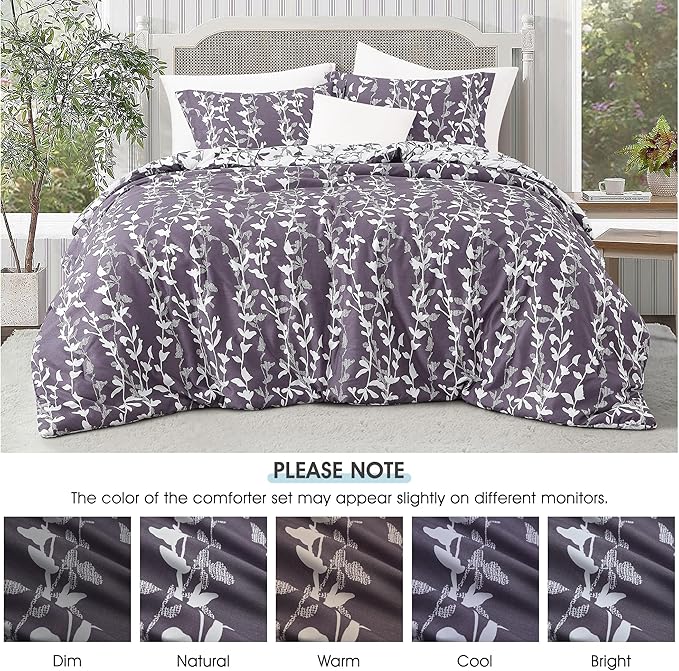 Grayish Purple Comforter Set, Full Size, Vivid Leaves Branch 3 Pieces Bedding Set, Soft Polyester Microfiber Print, All Seasons, 1 Lightweight Comforter and 2 Pillow Shams