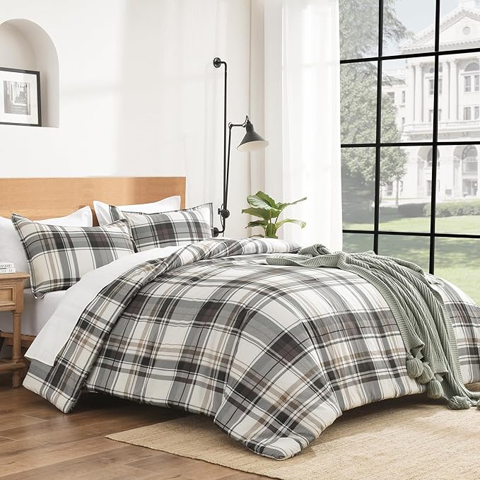 Andency Gray Brown Black Plaid Comforter Set Full(79x90Inch), 3 Pieces Grid Gingham Stripes Bedding Comforter Sets for Boys Girls Kids Teens, Preppy Geometric Line Soft Lightweight Reversible Bed Set