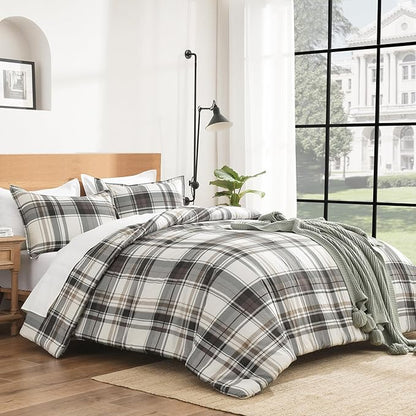 Andency Gray Brown Black Plaid Comforter Set Queen(90x90Inch), 3 Pieces Grid Gingham Stripes Bedding Comforter Sets for Boys Girls Kids Teens, Preppy Geometric Line Soft Lightweight Reversible Bed Set