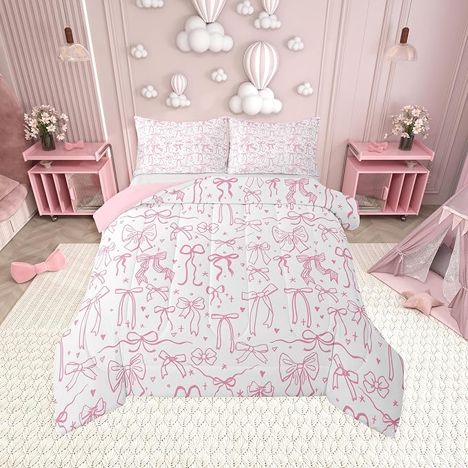 Pink Bowknot Kids Girls Comforter Set King Size,Cartoon Hand Drawn Stars Love Bow Quilt Set,Sweet Princess Style Bedding Set for Teens Woman Room Decor,Dreamy Pink White Duvet Insert 3Pcs
