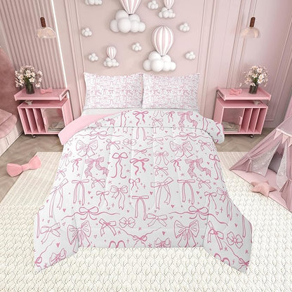 Pink Bowknot Kids Girls Comforter Set King Size,Cartoon Hand Drawn Stars Love Bow Quilt Set,Sweet Princess Style Bedding Set for Teens Woman Room Decor,Dreamy Pink White Duvet Insert 3Pcs