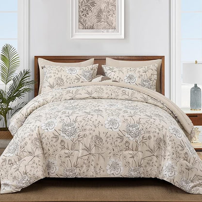 Yiran 7 Piece Bed in a Bag Queen Size Comforter Set Beige White Floral Bedding Set,Leaves Botanical Soft Microfiber Comforter with 2 Pillowcases 2 Pillow Shams 1 Flat Sheet 1 Fitted Sheet 90"×90"
