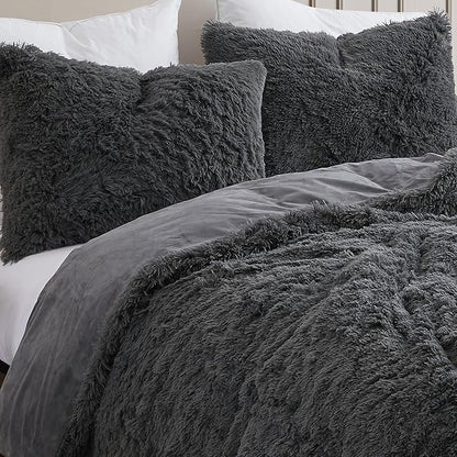 King Luxury Faux Fur Comforter Set - Soft & Breathable 7-Piece Bedding Collection - 1 Comforter, 1 Fitted Sheet, 1 Flat, 2 Pillowcases, 2 Pillow Shams - Deep Pocket - Premium Quality, Dark Gray